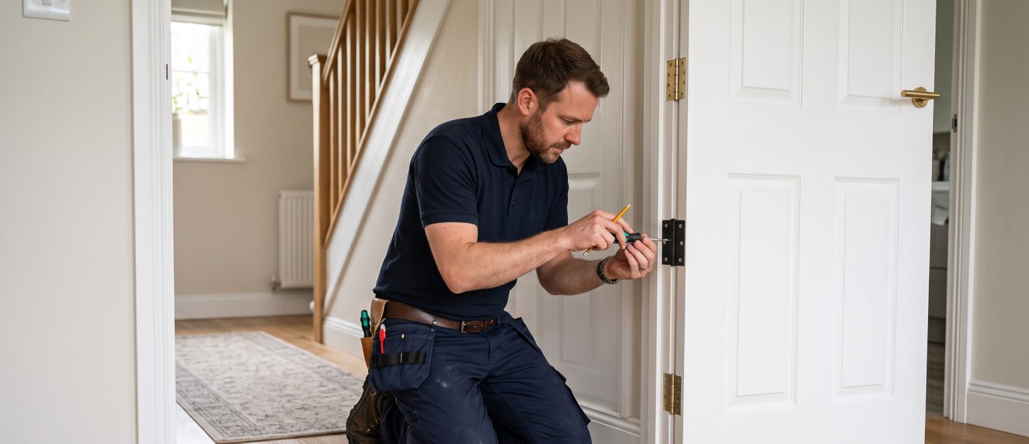 Friendly Handyman repairing a door hinge in a London home